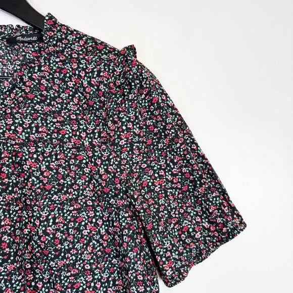 Madewell Puff Sleeve Ruffle Top Blouse Black Fieldwalk Floral - M - Picture 2 of 9